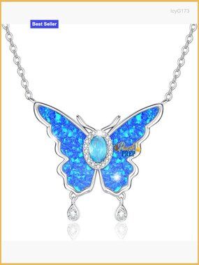 925 Sterling Silver Butterfly Pendant Necklace with Opal Stone
